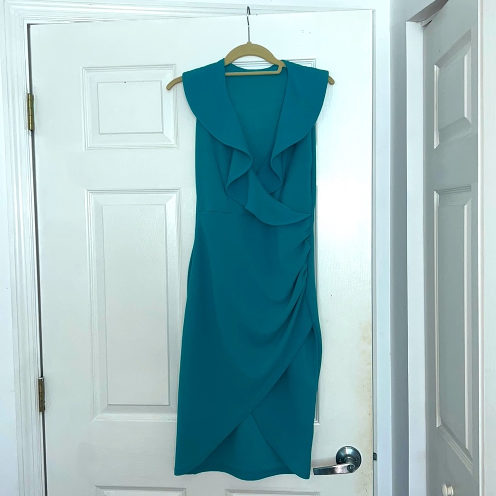 Teal green high low dress with ruffles